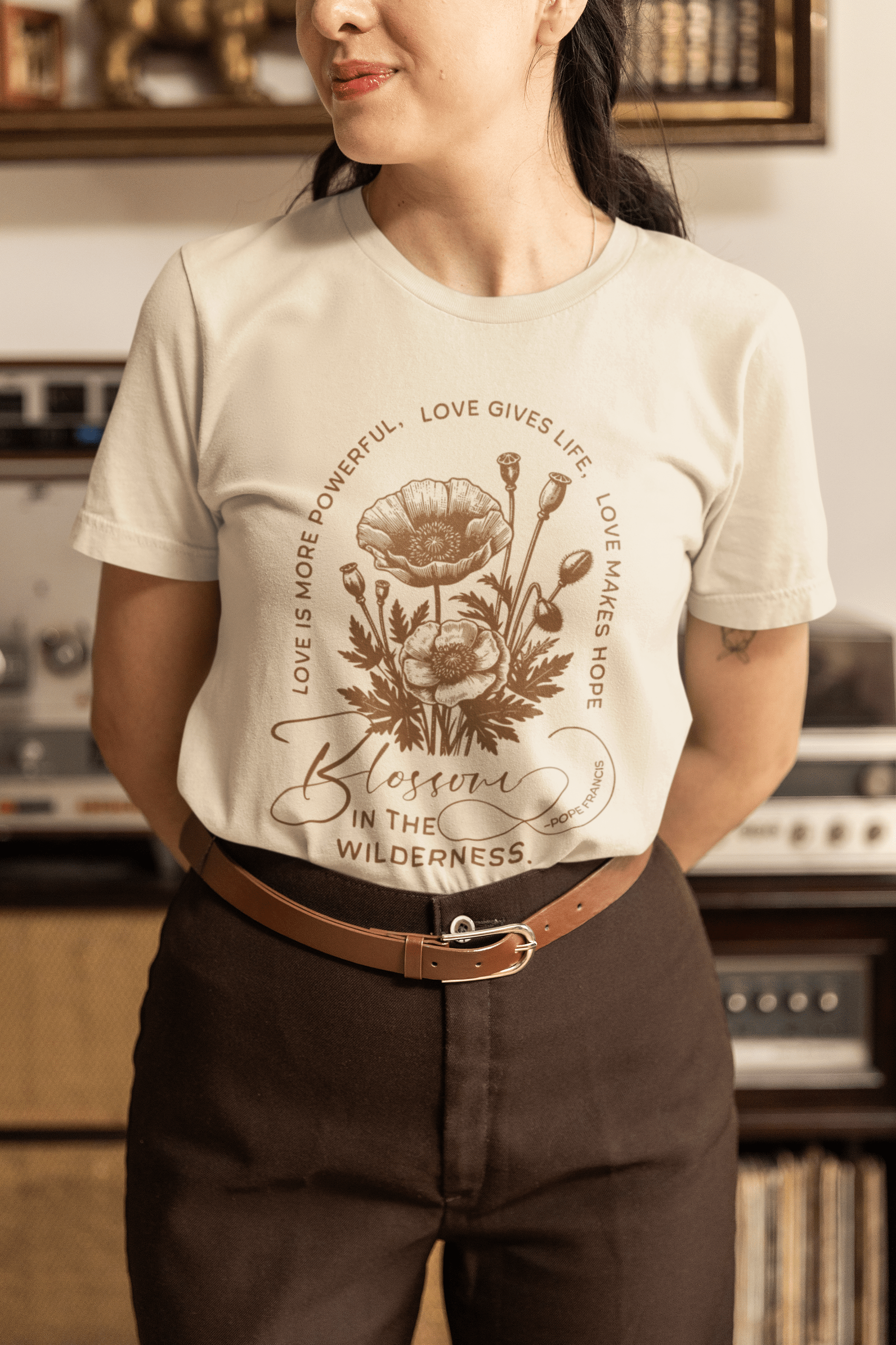 Apliiq tshirts Pope Francis Love Blossoms Unisex Premium Ring Spun Cotton Tee